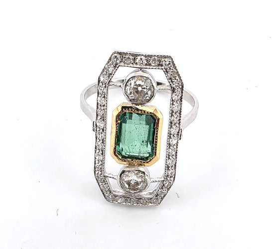 Bague 54 Bague en or blanc 18 ct avec émeraude et diamants 58 Facettes 359/26 C