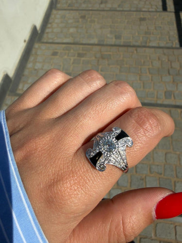 Bague 55 Bague en or blanc 18 ct avec diamants et onyx 58 Facettes 296/26 D