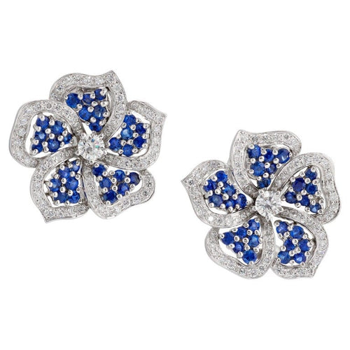 Boucles d'oreilles Tiffany - Boucles d'oreilles fleurs en platine, saphirs et diamants 58 Facettes 198