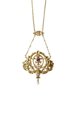 Belle Époque - Collier en or jaune, rubis birman, diamants et perles