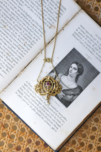 Collier Belle Époque - Collier en or jaune, rubis birman, diamants et perles 58 Facettes