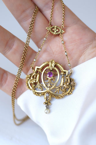 Collier Belle Époque - Collier en or jaune, rubis birman, diamants et perles 58 Facettes