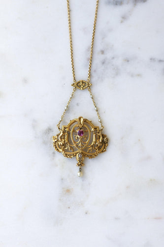 Collier Belle Époque - Collier en or jaune, rubis birman, diamants et perles 58 Facettes
