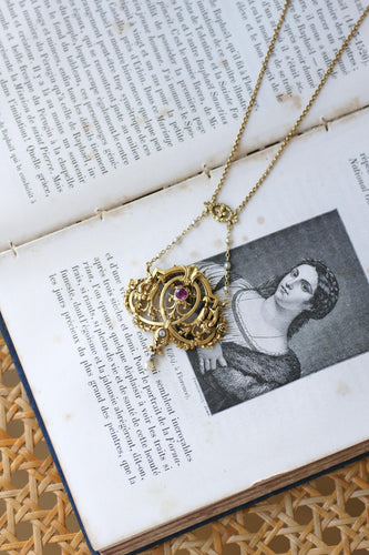 Collier Belle Époque - Collier en or jaune, rubis birman, diamants et perles 58 Facettes