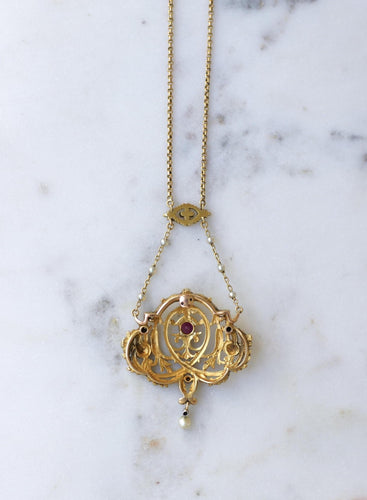 Collier Belle Époque - Collier en or jaune, rubis birman, diamants et perles 58 Facettes