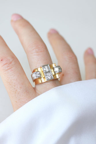 Bague 59 Tank - Bague diamants en or jaune et platine 58 Facettes