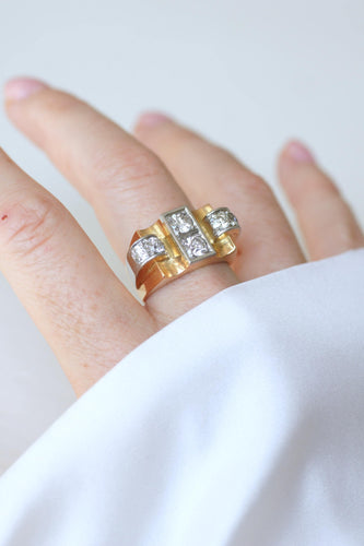 Bague 59 Tank - Bague diamants en or jaune et platine 58 Facettes
