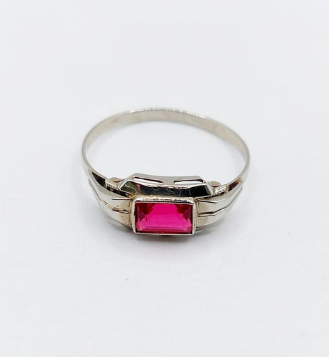 Bague 56 Bague Art déco en or blanc 18k et verre rouge 58 Facettes A07133