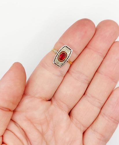 Bague 53.5 Bague Art déco en or 18k, verre rouge et diamants 58 Facettes A07134