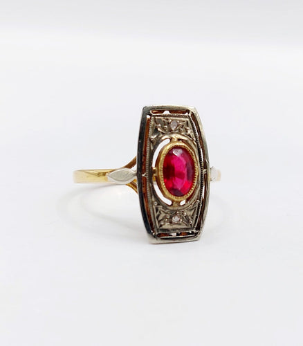 Bague 53.5 Bague Art déco en or 18k, verre rouge et diamants 58 Facettes A07134