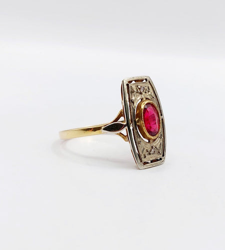 Bague 53.5 Bague Art déco en or 18k, verre rouge et diamants 58 Facettes A07134