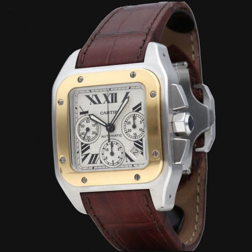 Montre Cartier Santos 100 XL - Montre chronographe en or jaune 18K et acier 58 Facettes MT46737