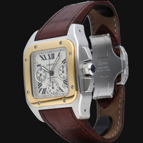 Montre Cartier Santos 100 XL - Montre chronographe en or jaune 18K et acier 58 Facettes MT46737