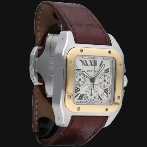Montre Cartier Santos 100 XL - Montre chronographe en or jaune 18K et acier 58 Facettes MT46737