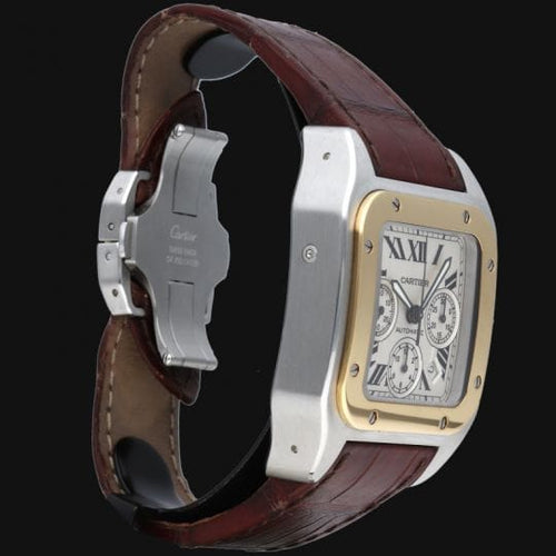 Montre Cartier Santos 100 XL - Montre chronographe en or jaune 18K et acier 58 Facettes MT46737