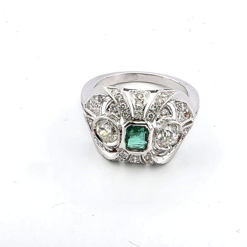 Bague 52 Bague en or blanc 18 ct avec diamants et émeraude 58 Facettes 296/26 A