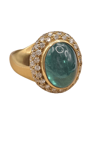 Bague 55 Bague cocktail années 1980 avec émeraude cabochon et diamants 58 Facettes CV-062