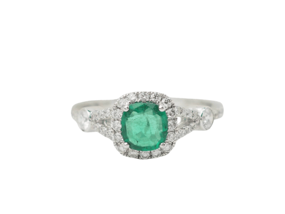 Bague Bague entourage en or blanc, émeraude 0,61 ct et diamants 58 Facettes 33176