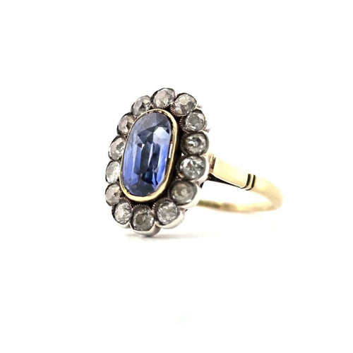 Bague 56 Bague édouardienne en or 18 ct, argent, saphir Ceylan et diamants 58 Facettes 391/26 A 193/26