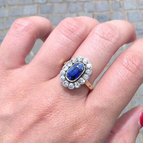 Bague 56 Bague édouardienne en or 18 ct, argent, saphir Ceylan et diamants 58 Facettes 391/26 A 193/26