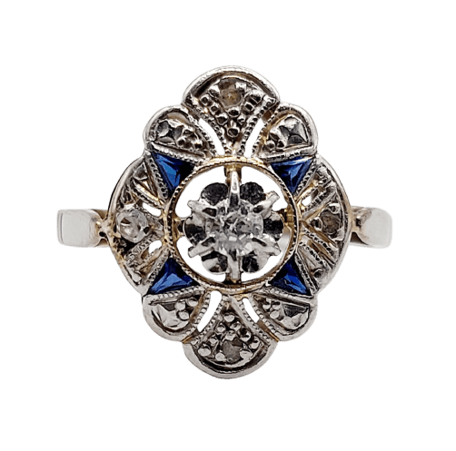 Bague 46 Bague marquise Art déco en or blanc 18K, platine, diamant et saphirs synthétiques 58 Facettes A07321