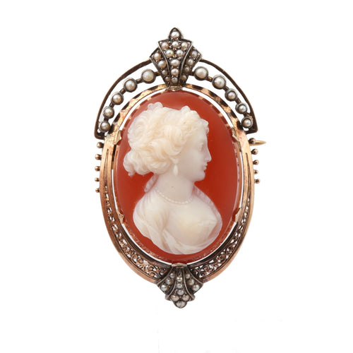 Pendentif Broche-pendentif Camée d'agate en argent, or jaune 18 carats et perles 58 Facettes C180