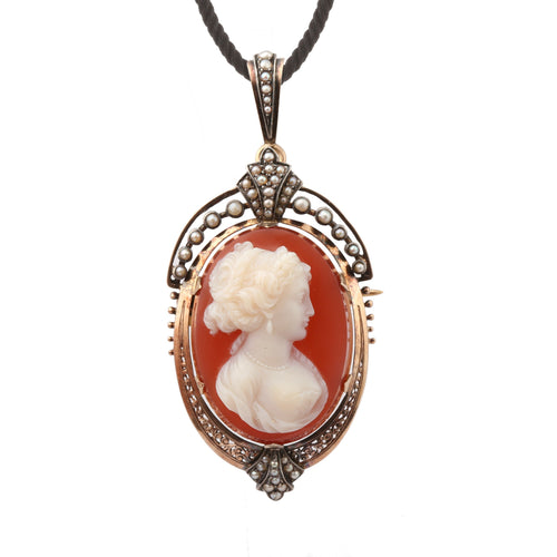 Pendentif Broche-pendentif Camée d'agate en argent, or jaune 18 carats et perles 58 Facettes C180