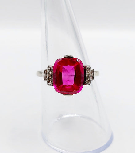 Bague 55 Bague Art déco en or blanc 18k, platine, rubis synthétique et diamants 58 Facettes A07294