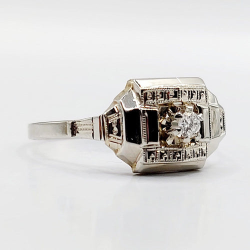 Bague 54 Art déco - Bague géométrique en or blanc 18k, platine et diamant 58 Facettes A07176