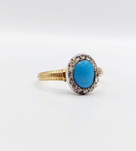 Bague 60 Bague marguerite antique en or 18k, turquoise et diamants 58 Facettes A07210