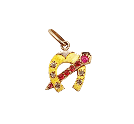 Pendentif Pendentif fer à cheval en or 18k, diamants et pierres rouges 58 Facettes A07268