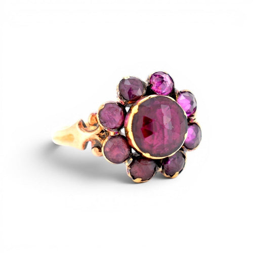 Bague 56.5 Victorien - Bague marguerite en or jaune 14k et grenats rhodolites 58 Facettes RI-1013