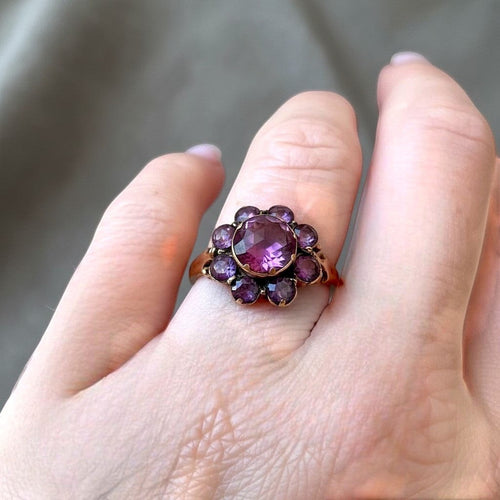 Bague 56.5 Victorien - Bague marguerite en or jaune 14k et grenats rhodolites 58 Facettes RI-1013