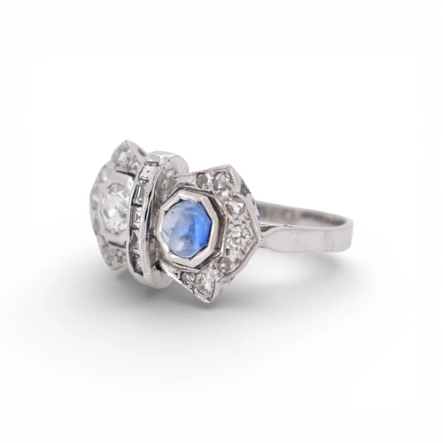 Bague 54 Art déco Toi et Moi - Bague en or blanc, saphir et diamants 58 Facettes