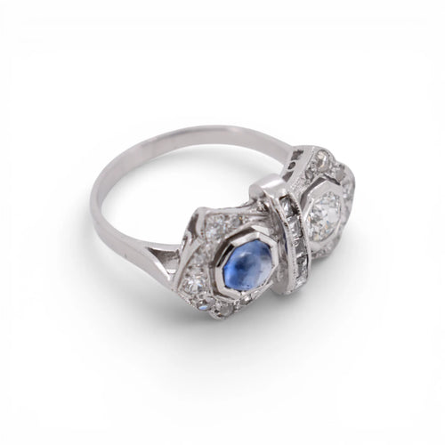 Bague 54 Art déco Toi et Moi - Bague en or blanc, saphir et diamants 58 Facettes