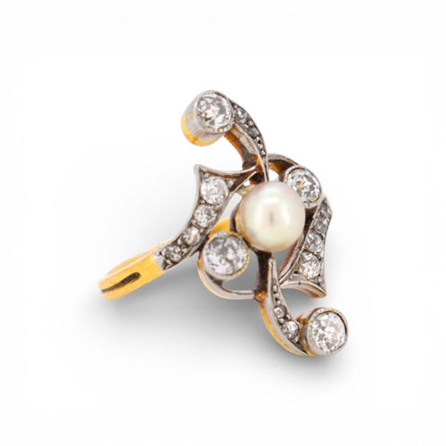 Bague 54 Art Nouveau - Bague en or jaune, platine, perle et diamants 58 Facettes RI-1032