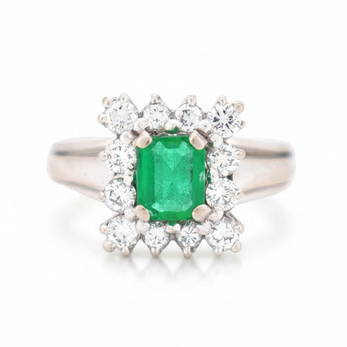 Bague 52 Bague vintage en or blanc avec émeraude et diamants 58 Facettes