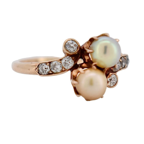Bague 54 Belle Époque Toi et Moi - Bague en or rose, perles et diamants 58 Facettes RI-1014