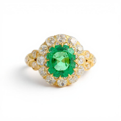 Bague 52 Bague cocktail victorienne double halo en or jaune, émeraude et diamants 58 Facettes RI-1037