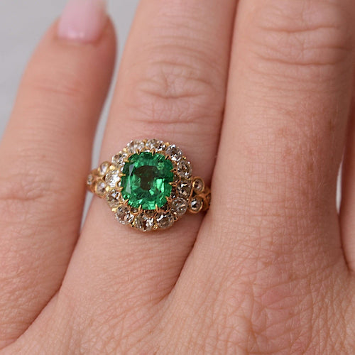 Bague 52 Bague cocktail victorienne double halo en or jaune, émeraude et diamants 58 Facettes RI-1037