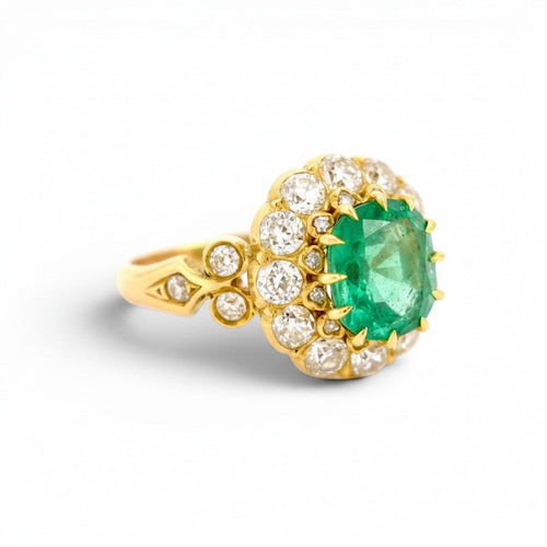 Bague 52 Bague cocktail victorienne double halo en or jaune, émeraude et diamants 58 Facettes RI-1037