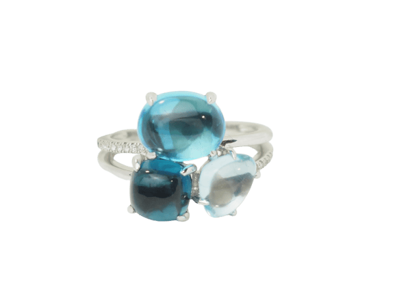 Bague 54 Bague aigue-marine et topazes bleues en or blanc avec diamants 58 Facettes 33785