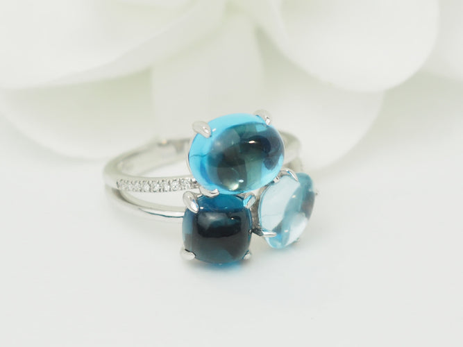 Bague 54 Bague aigue-marine et topazes bleues en or blanc avec diamants 58 Facettes 33785