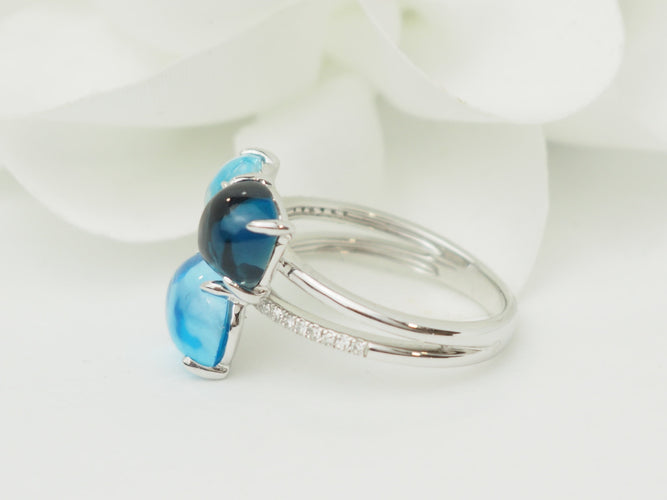 Bague 54 Bague aigue-marine et topazes bleues en or blanc avec diamants 58 Facettes 33785