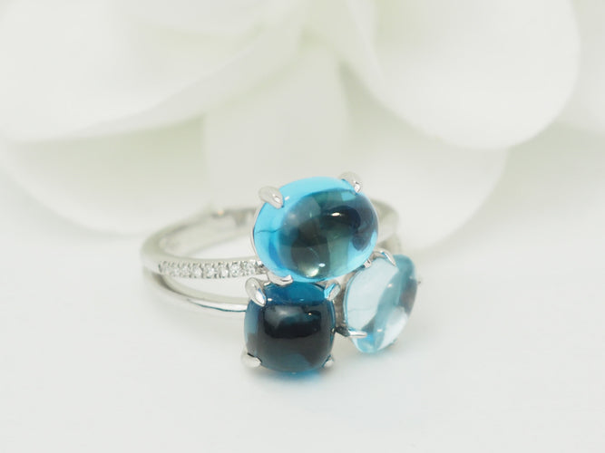 Bague 54 Bague aigue-marine et topazes bleues en or blanc avec diamants 58 Facettes 33785