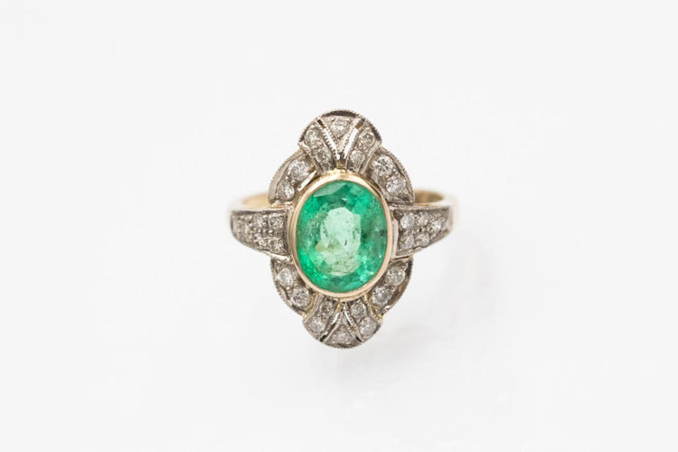 Bague 49 Bague Art déco en or jaune et blanc, émeraude et diamants 58 Facettes 12211