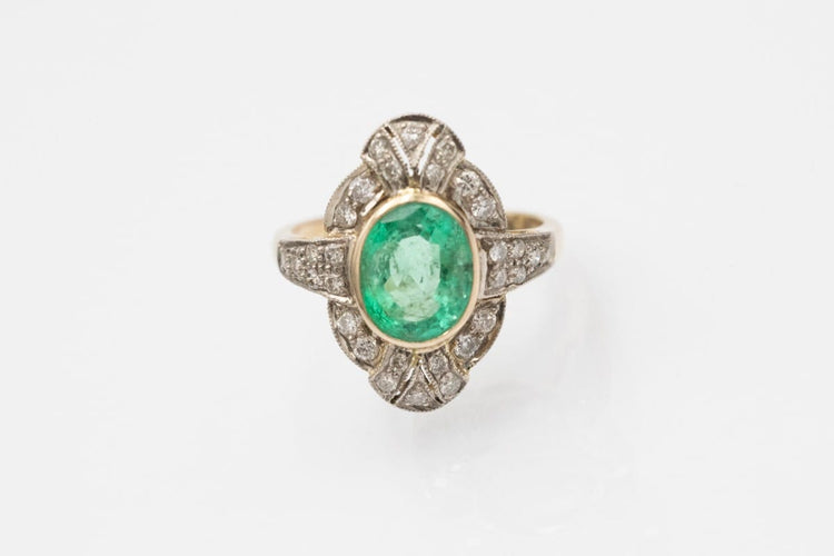 Bague 49 Bague Art déco en or jaune et blanc, émeraude et diamants 58 Facettes 12211