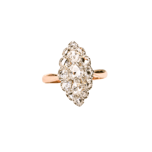 Bague 53 Bague marquise ancienne en or rose, platine et diamants 58 Facettes LMB-320