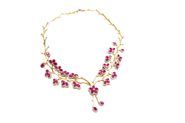 Parure florale en or jaune, rubis et diamants 58 Facettes 240164