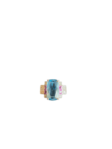 Bague 54 Bague en or gris 18 carats, aigue-marine, saphirs roses et diamants 58 Facettes B396